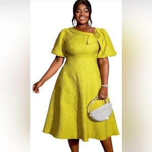 AOMEI Yellow Jacquard A-Line Midi Dress